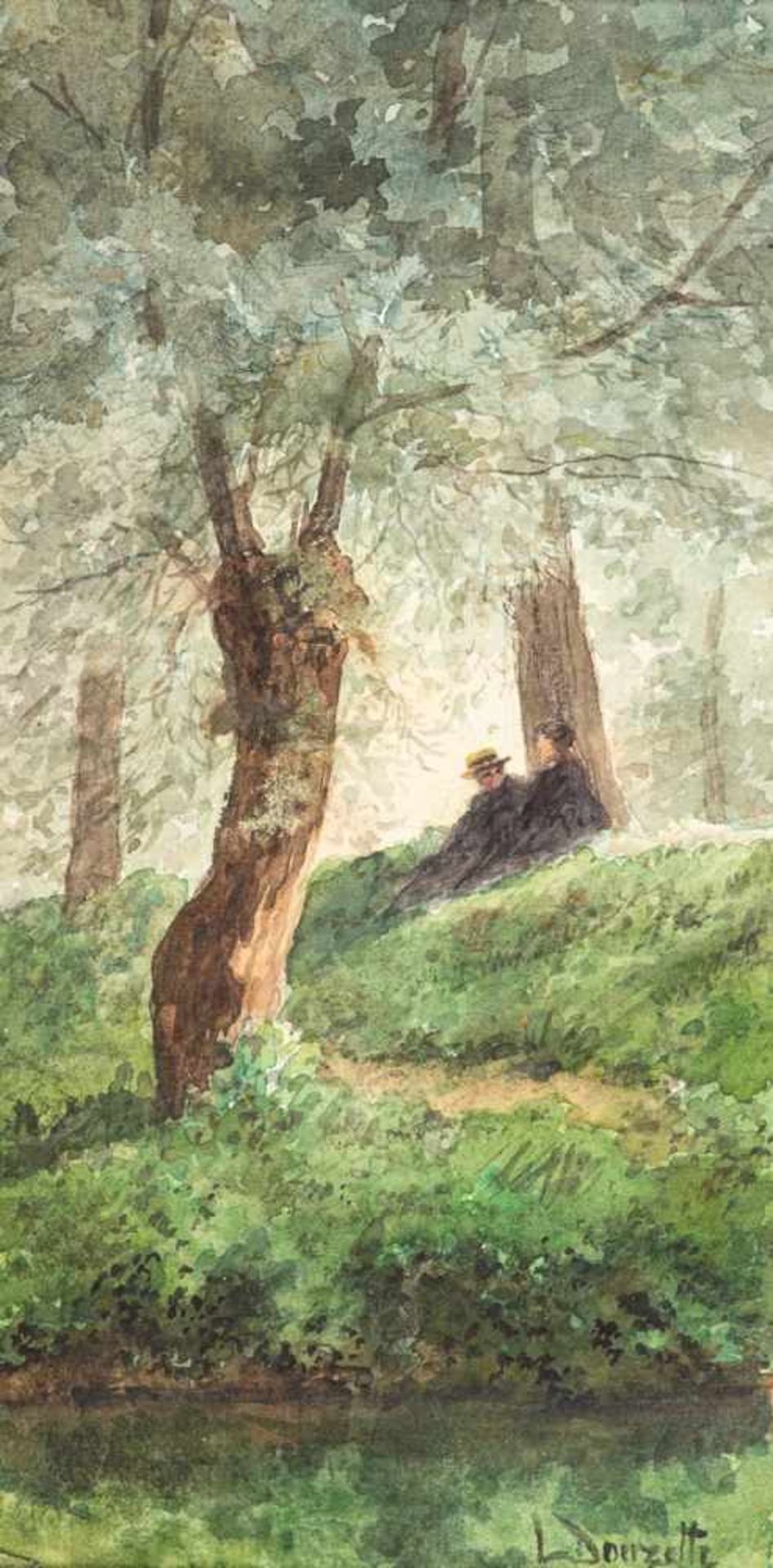 Louis Douzette (1834 Tribsees - 1924 Barth)Junges Paar bei der Rast.Aquarell, Bleistift. Um 1875.