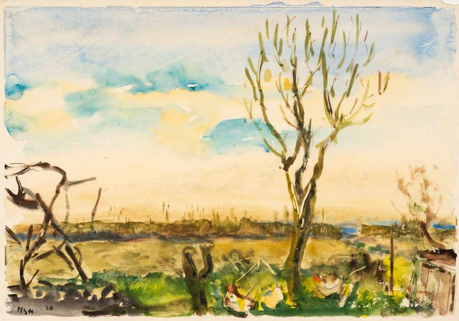 Hedwig Holtz-Sommer (1901 Berlin - 1970 Wustrow)Frühling auf dem Fischland.Aquarell. 1938. 295 x 420