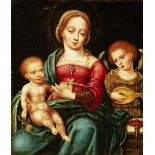 Anonym 17. Jh."Madonna mit Jesuskind und Engel". Oel auf Holztafel. Parkettiert. Vertikale,