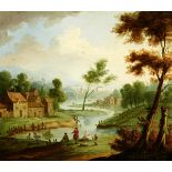 Anonym 18./19. Jh."Romantische Flusslandschaft mit Figurenstaffage". Oel auf Kupfer. Gerahmt.