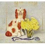 Stoecklin Niklaus1896 - 1982 Basel"Kaminhund und Schlüsselblumen". Oel auf Hartfaser. Unten rechts