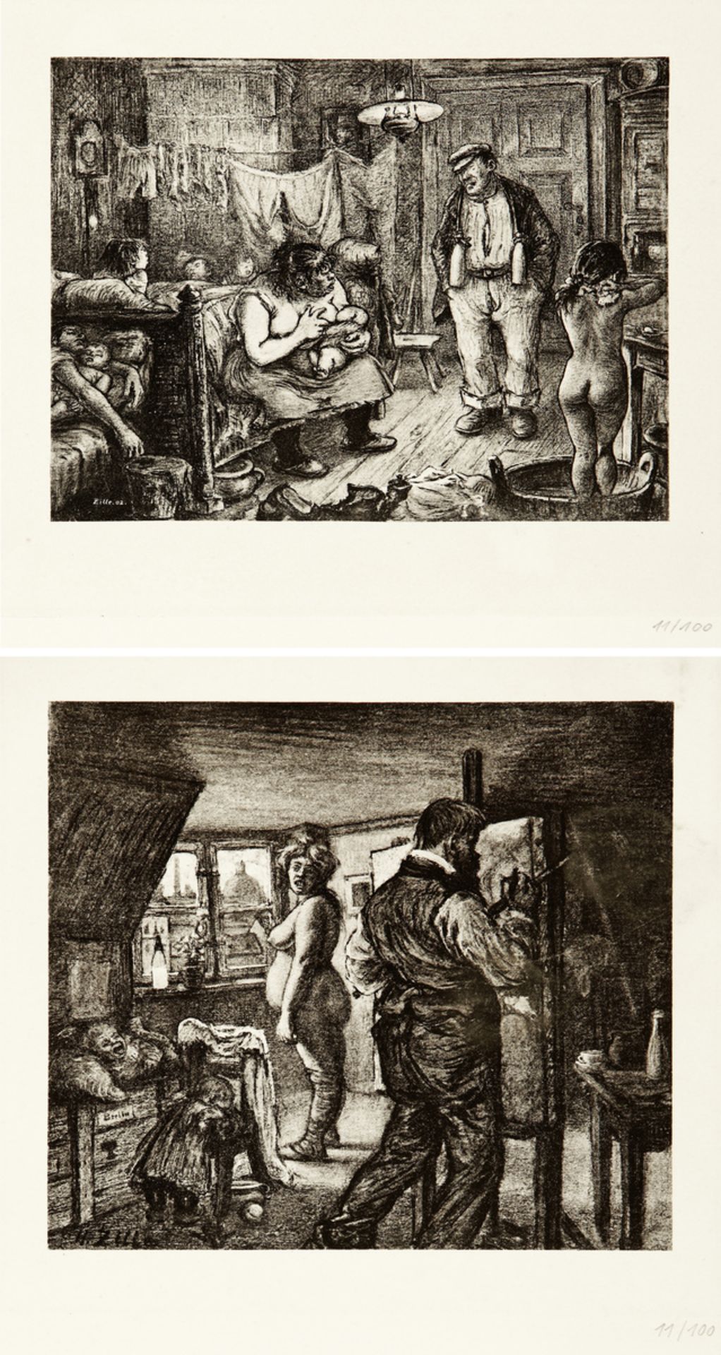 Zille Heinrich1858 - 1929 Berlin"Der Frühlingsmaler" - "Der späte Schlafbursche". Zwei Radierungen