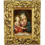 Andachtsbild18. Jh. "Maria mit Jesuskind". Oelmalerei auf Holztafel. In geschnitztem und vergoldetem