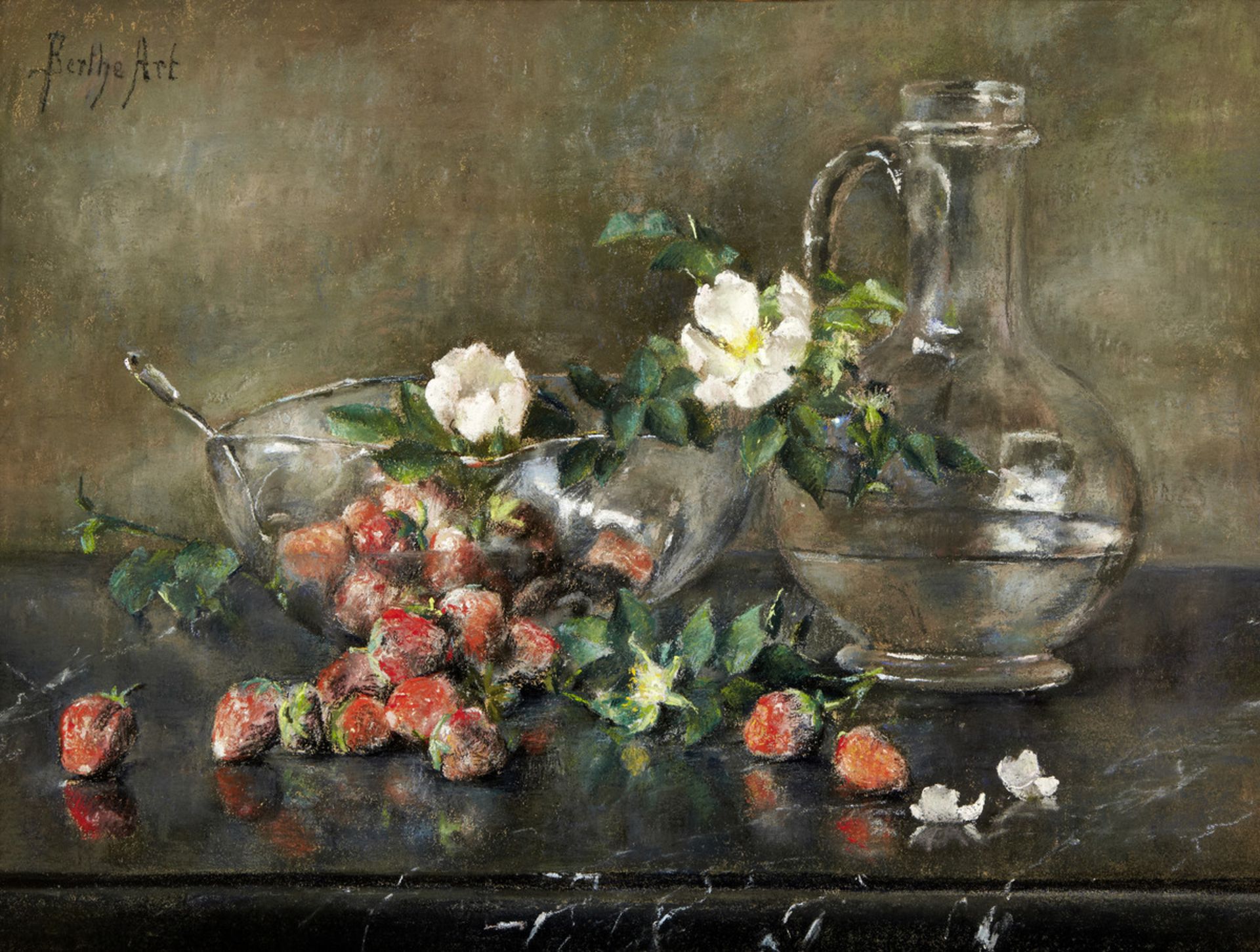 Art Berthe1857 Brüssel - 1934 St. Gilles"Nature Morte aux Fraises". Pastell auf Papier, auf Leinwand