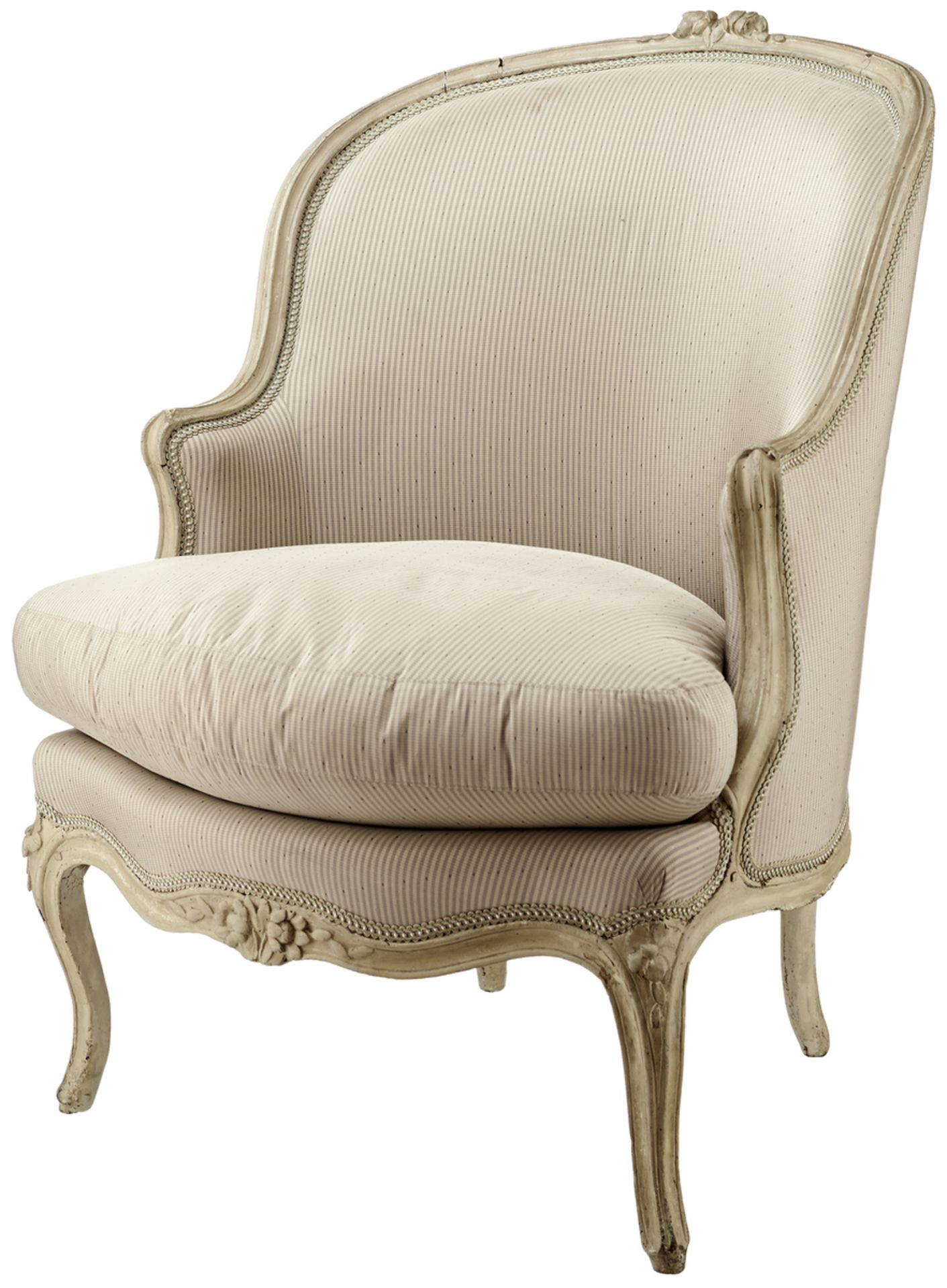 FauteuilFrankreich, um 1760. Louis XV. Bergère aus Buchenholz geschnitzt, mouluriert und steingrau