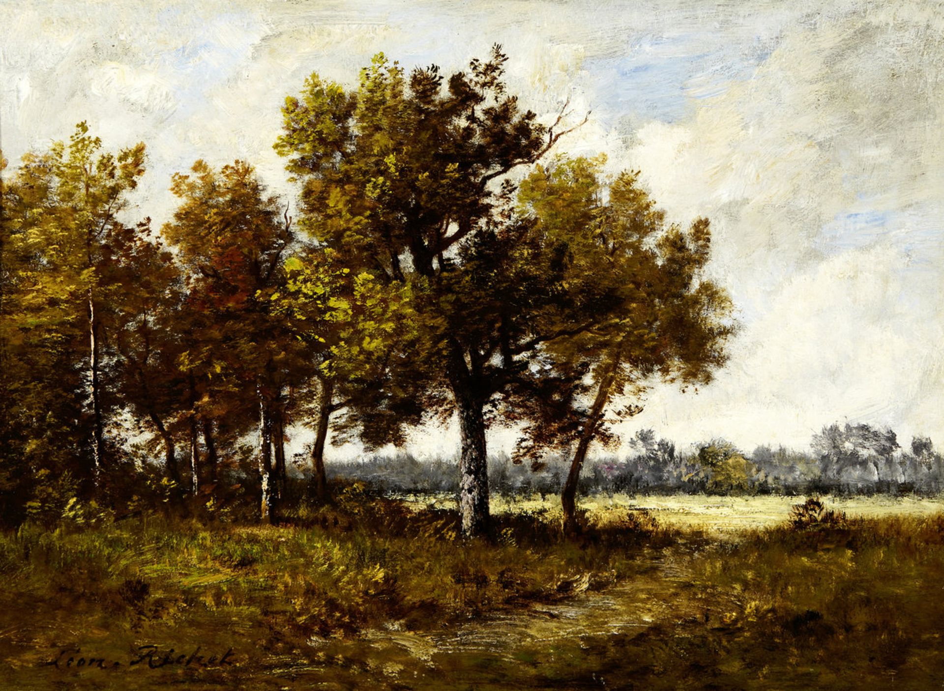 Richet Léon1847 Solesmes - 1907 Paris"Baumgruppe an Flussufer". Oel auf Holz. Unten links