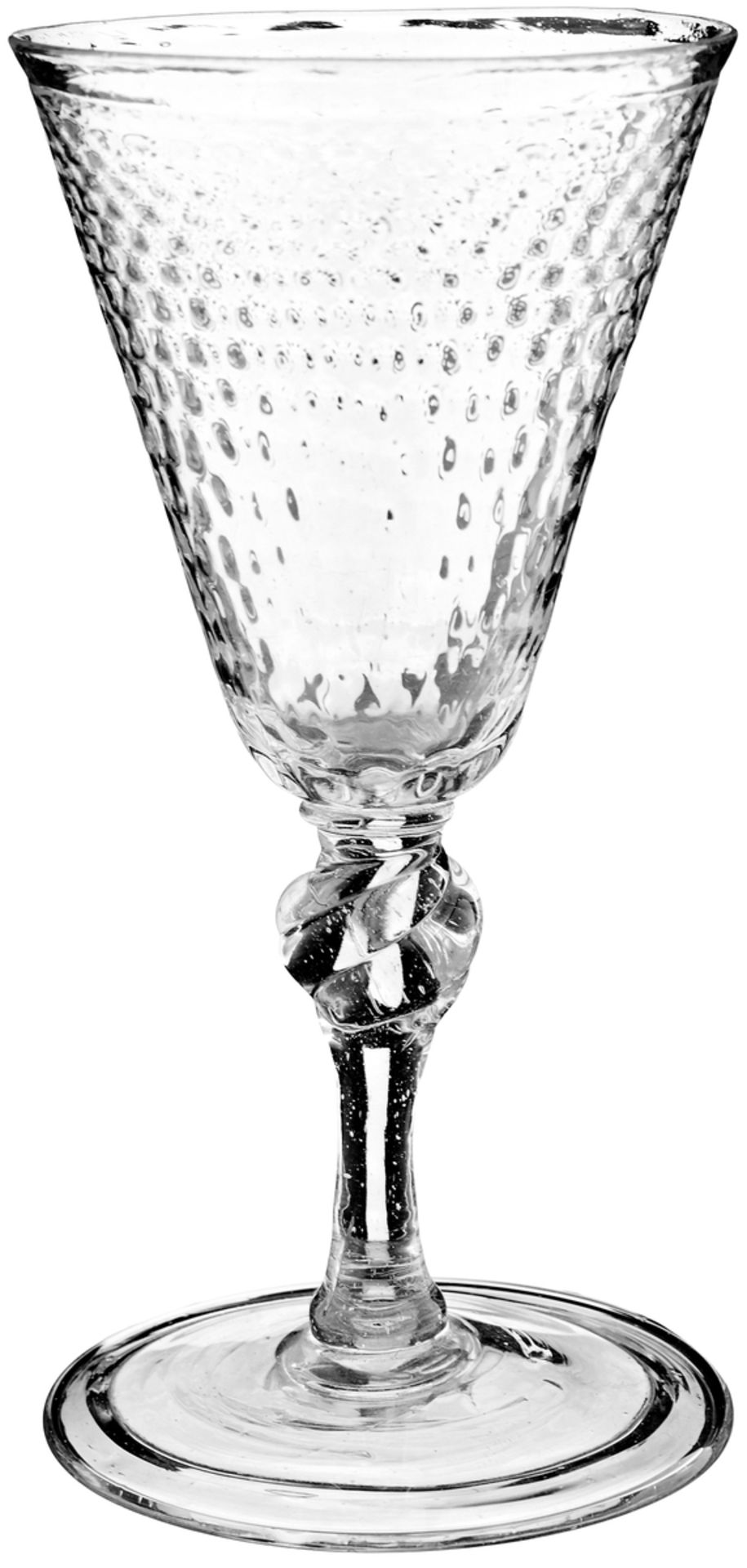 Paar Fussgläser18. Jh. Farbloses Glas. gewundener Nodus. Die Kuppa mit "Verre-de-riz"-Muster. Höhe - Bild 2 aus 3