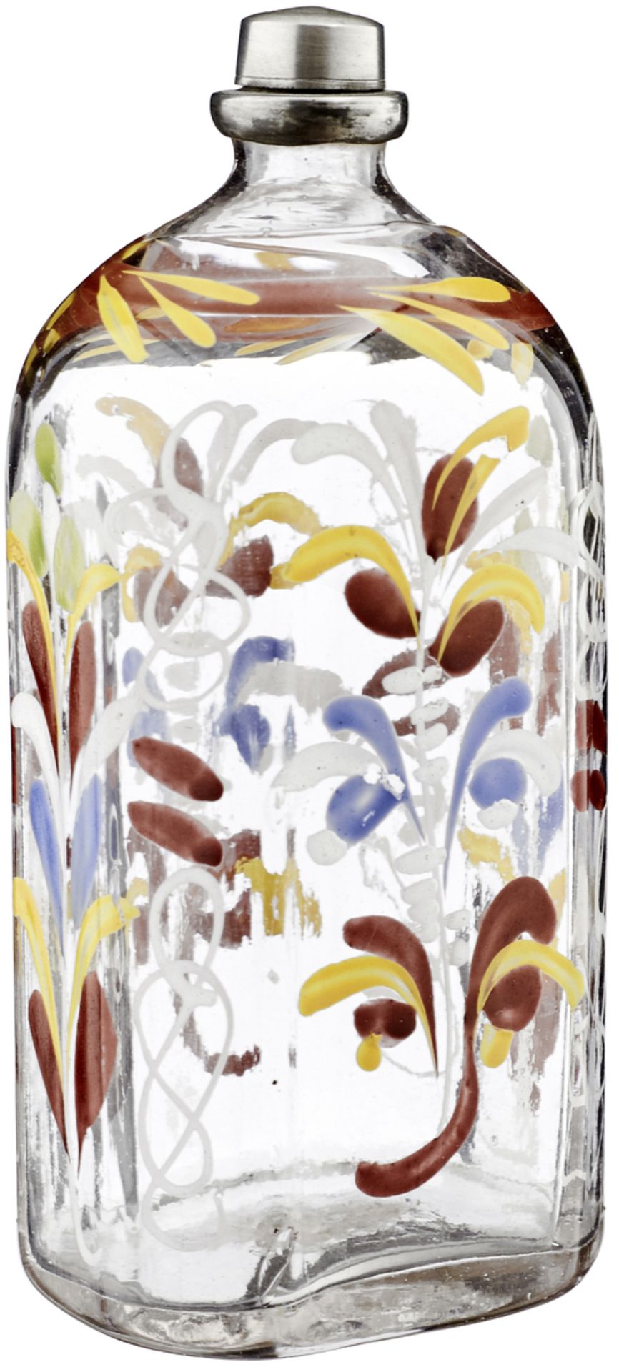 Schraubflasche und Becher18./19. Jh. Farbloses, in die Form geblasenes Glas. Polychrome Emailmalerei - Bild 2 aus 3