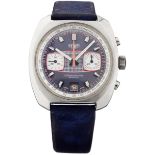 Chronograph "Heuer"70-er Jahre. Stahlgehäuse. Boden verschraubt. Blaues, signiertes Zifferblatt