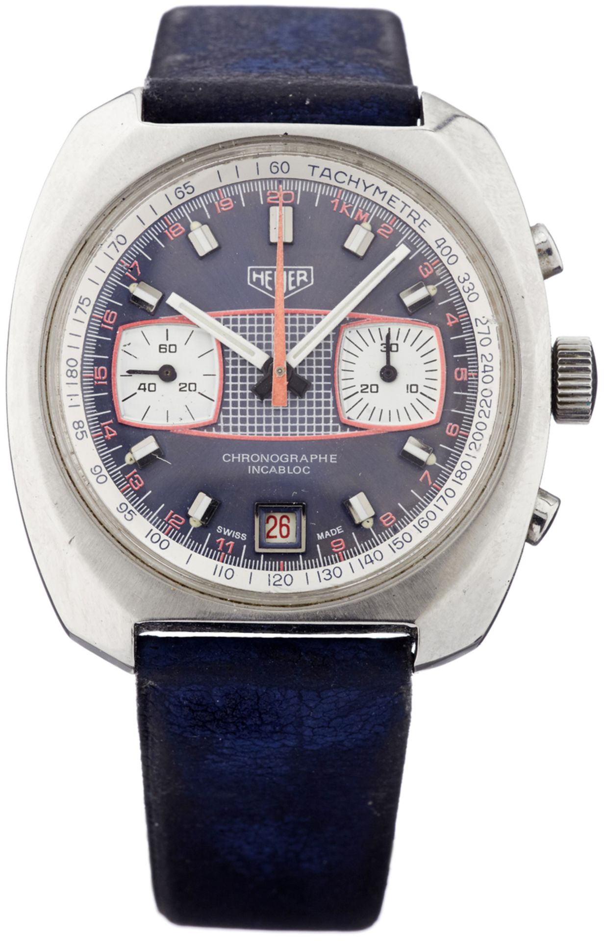 Chronograph "Heuer"70-er Jahre. Stahlgehäuse. Boden verschraubt. Blaues, signiertes Zifferblatt