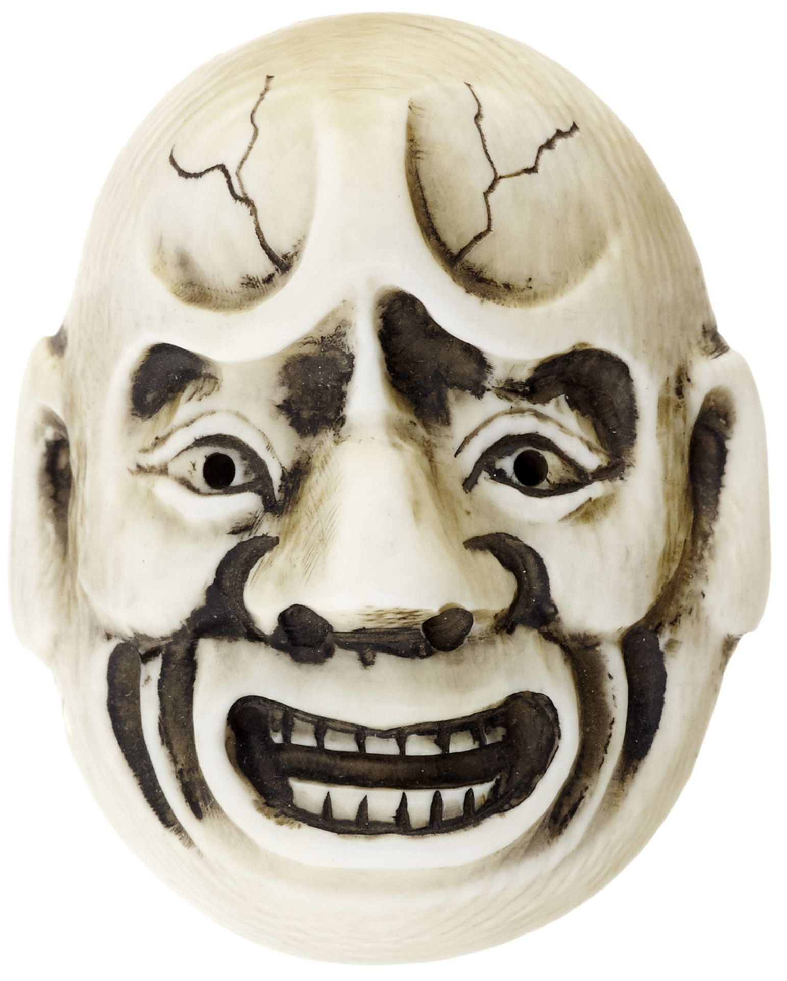 Zwei Masken-NetsukeJapan 19. Jh. Aus dem Schnabel eines Nashornvogels das Gesicht einer alten Frau - Bild 2 aus 4