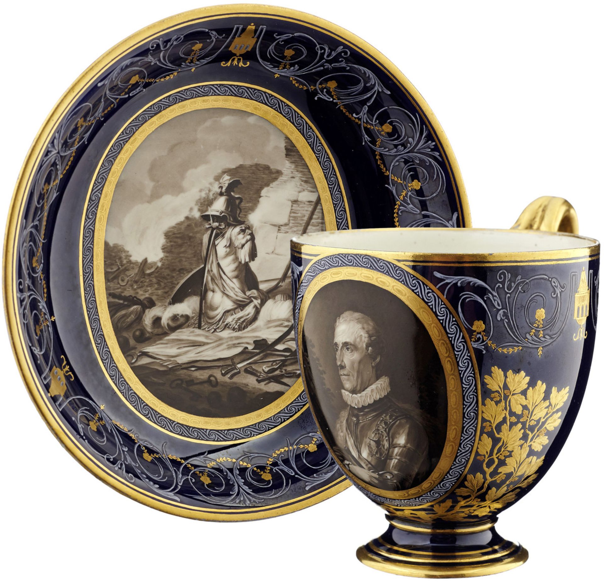 Ziertasse "Graf Laudon"Wien, datiert 1789. Porzellantasse und Untertasse. Kobaltfond. Zierfries