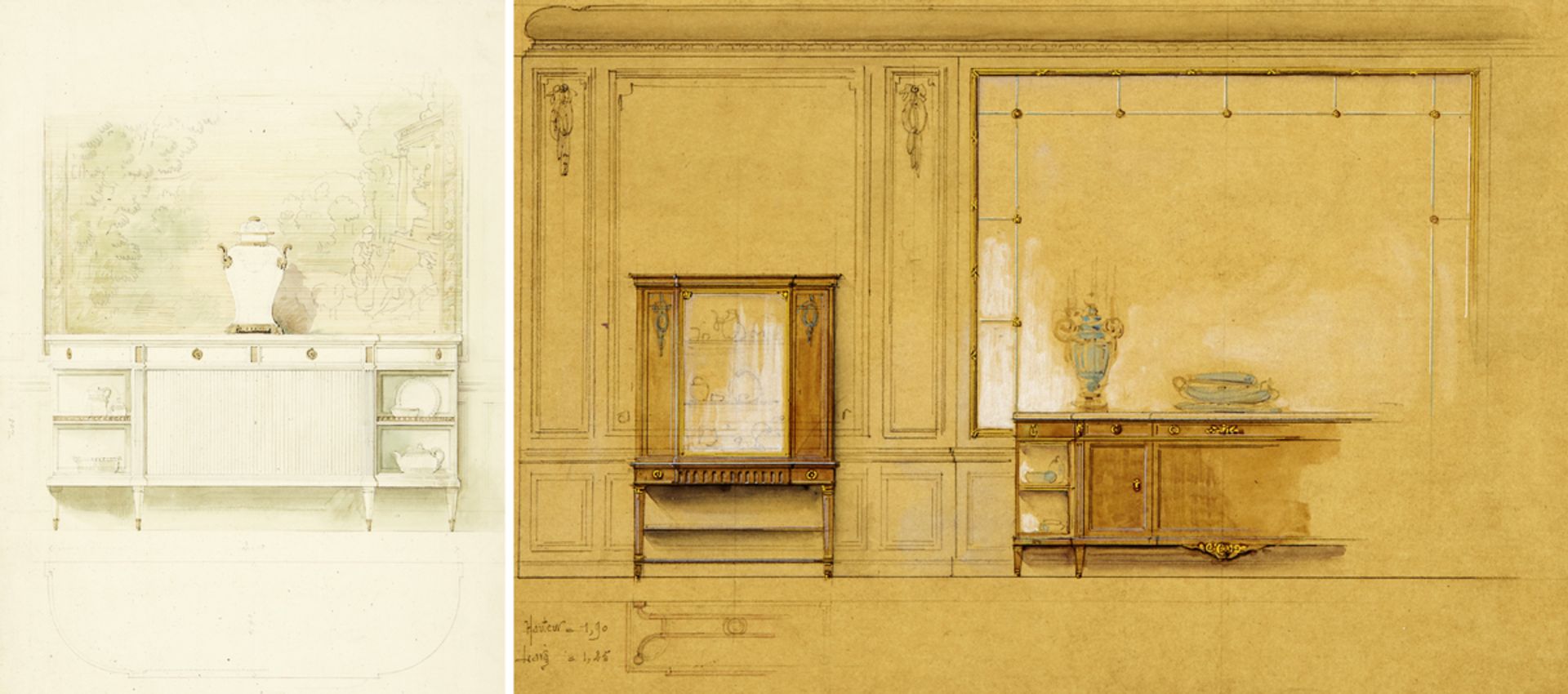 Originalentwürfe "Paul Sormani - Paris"Paris, Anfang 20. Jh. Zwei Möbelentwürfe mit Firmenstempel.