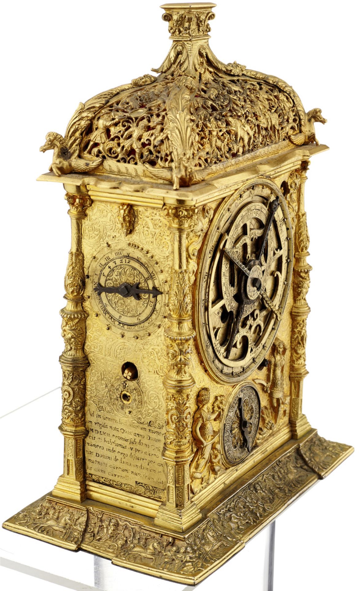 TischuhrUm 1880. Renaissancestil. Gehäuse aus vergoldetem Metall mit reicher Reliefornamentik. - Bild 3 aus 5