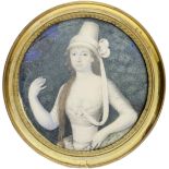 DamenportraitUm 1800. "Portrait einer Dame mit Hut und Ring". Gouachemalerei auf Elfenbein.