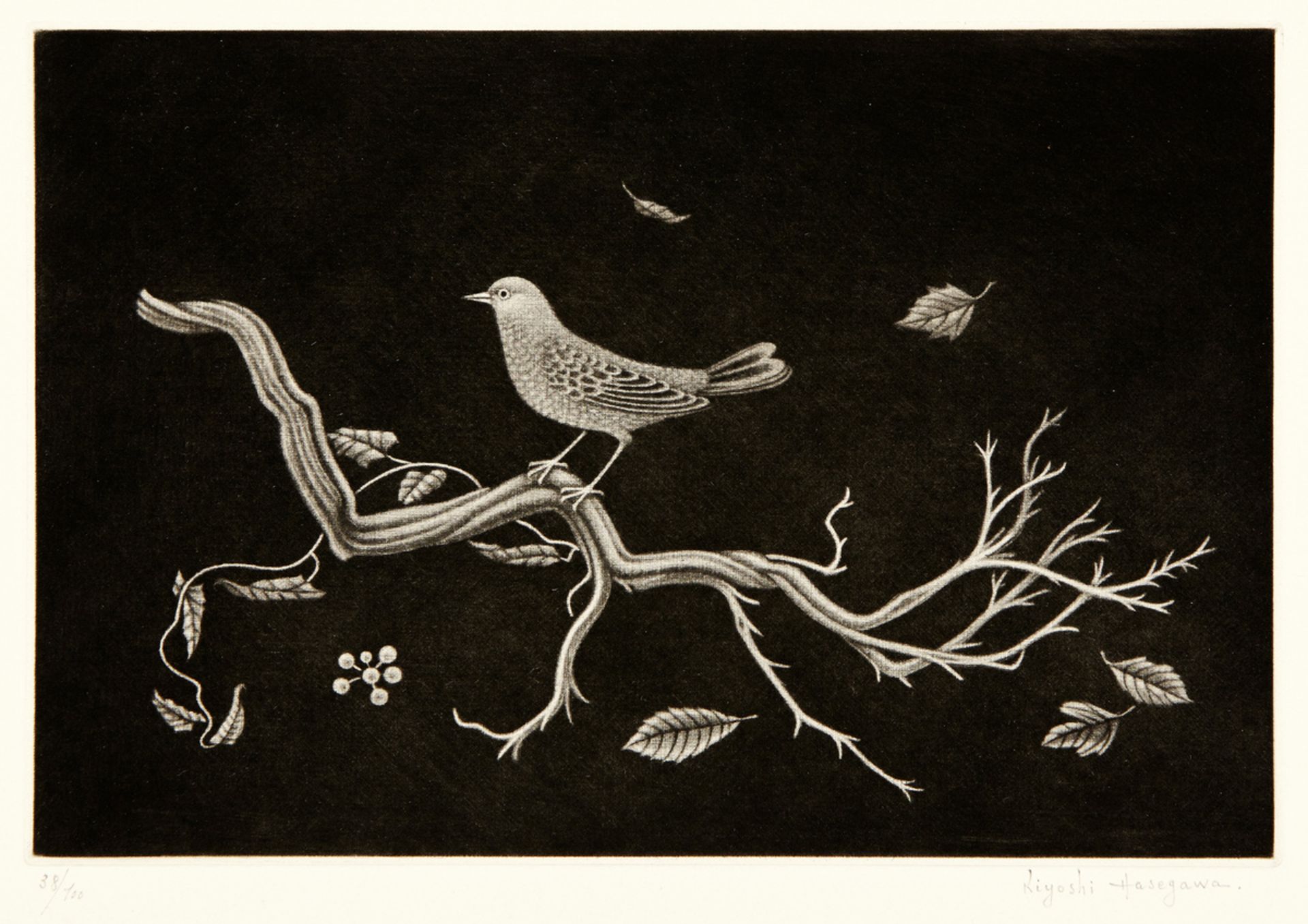 Hasegawa Kiyoshi1891 Yokohama - 1980 Paris"Oiseau sur racine". Mezzotinta auf Büttenpapier. 38/
