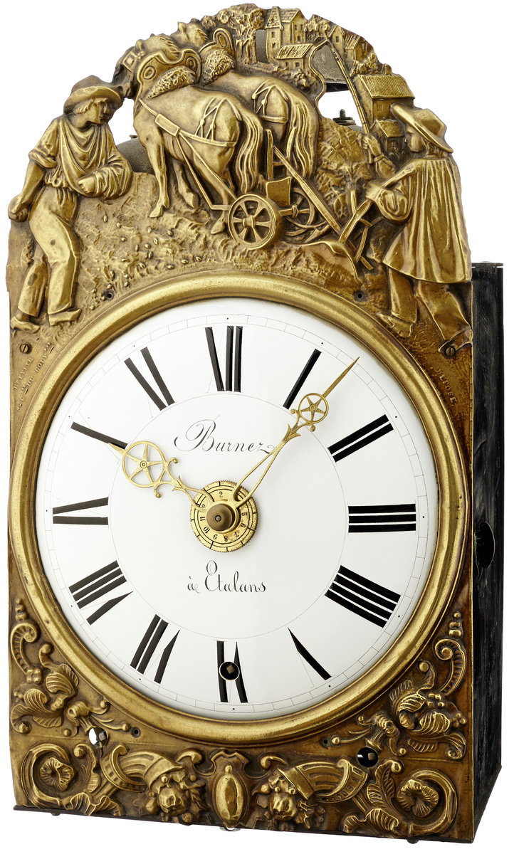 Morez-Uhr mit ViertelstundenschlagUm 1850. Auf dem Zifferblatt signiert "Burnez à Etalans". Mit