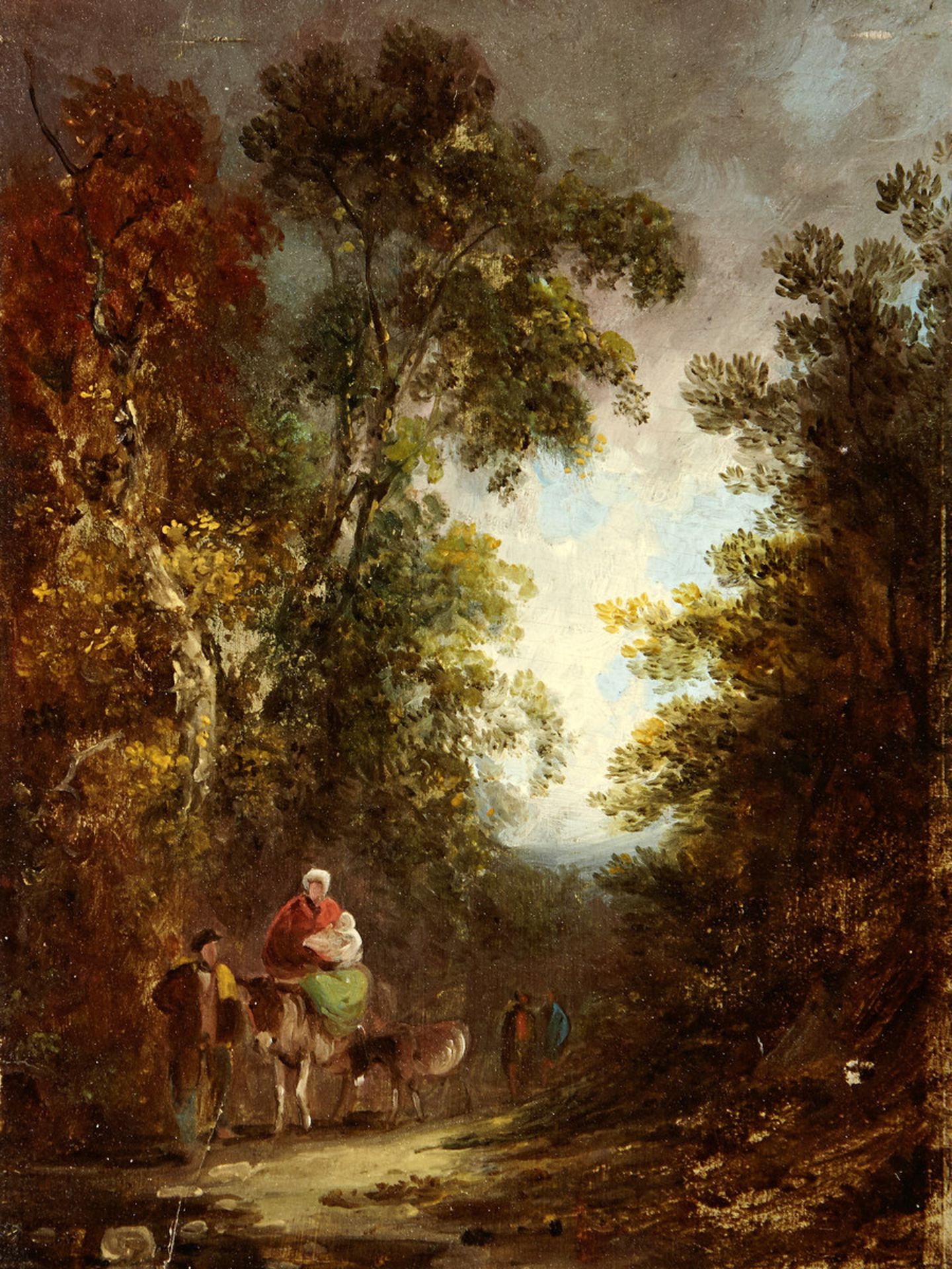 Anonym 19. Jh."Hirtenfamilie auf Waldweg". Oel auf Holz. Gerahmt. Bildmasse 16.5 cm × 12 cm- - -20.