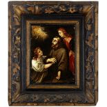 Andachtsbild18. Jh. "Tod des heiligen Franz von Assisi". Oelmalerei auf Kupfertafel. Altersspuren.