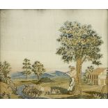 Chenille-StickbildUm 1800. "Bukolische Szene". Chenille-Seidenstickbild auf partiell bemalter Seide.