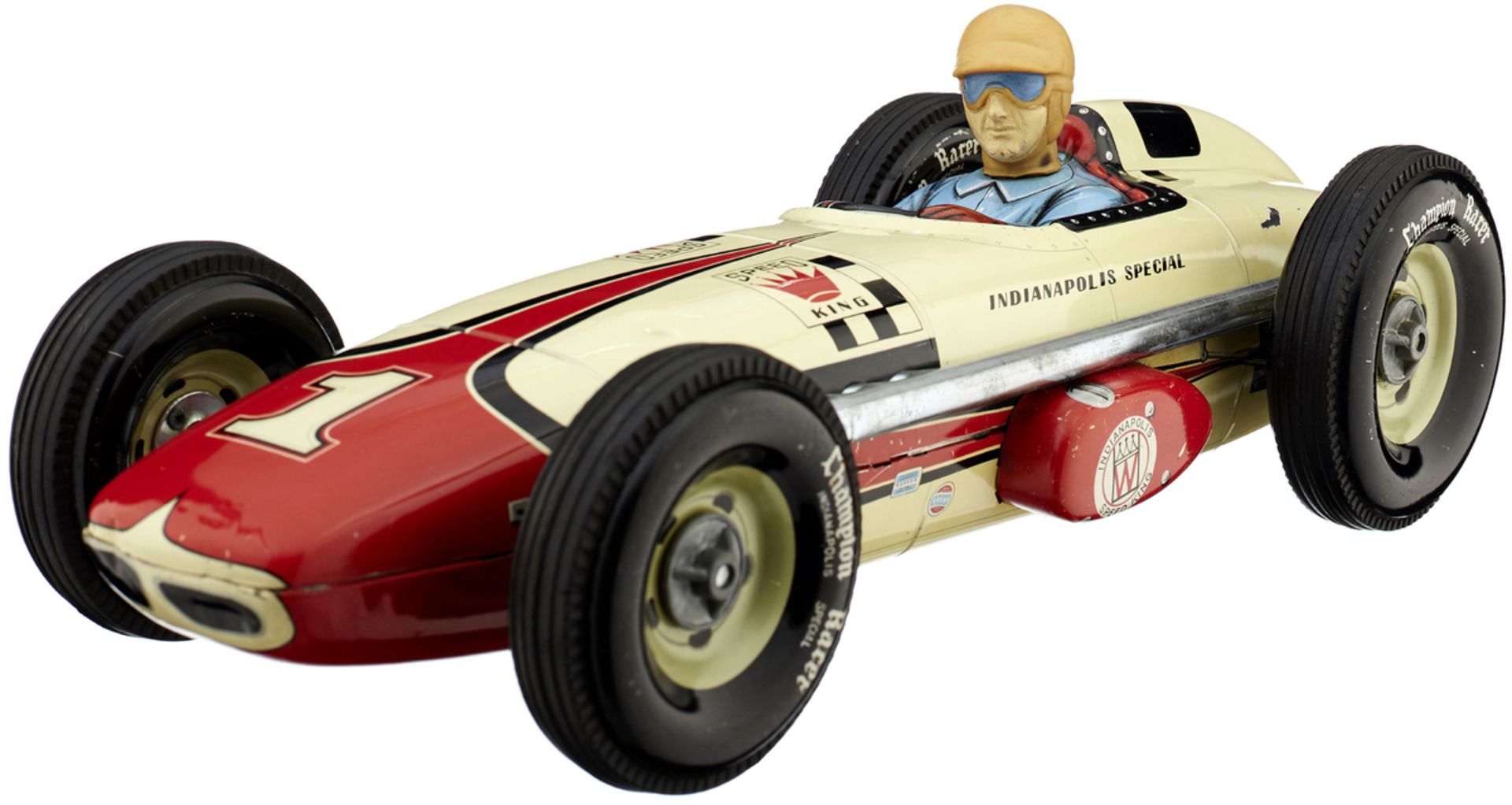 Vintage Indianapolis Speed RacerYonezawa Japan, um 1960. Blechrennauto. Originale Fahrerfigur.