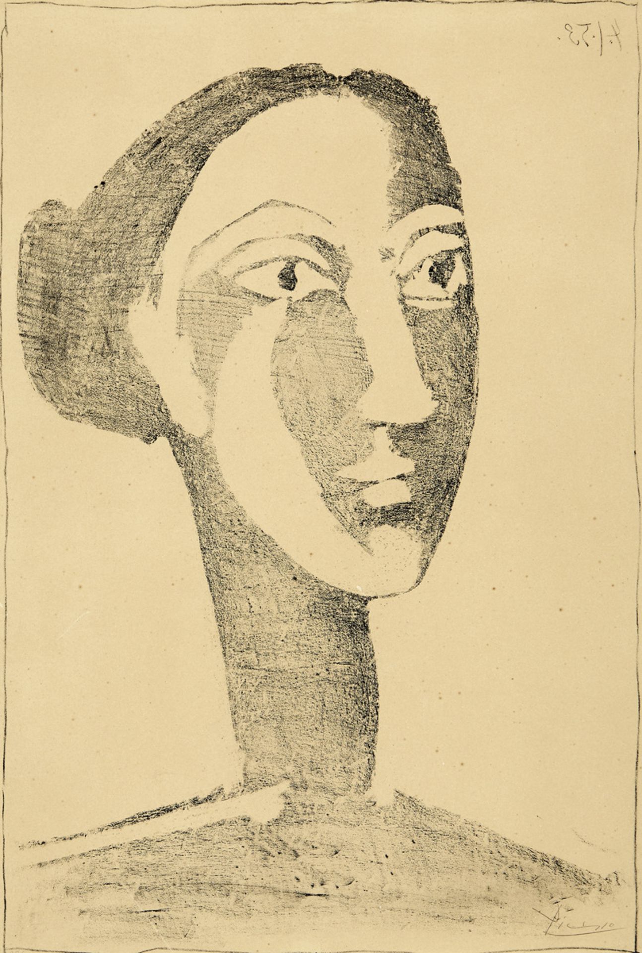 Picasso Pablo1881 Malaga - 1973 Mougins"Tête de Femme au Chignon". Lithografie auf chamoisfarbenem