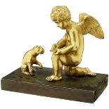 Pressepapier "Putto"Um 1820. "Putto mit Hund". Ziselierte, feuervergoldete Bronze. Sockel aus