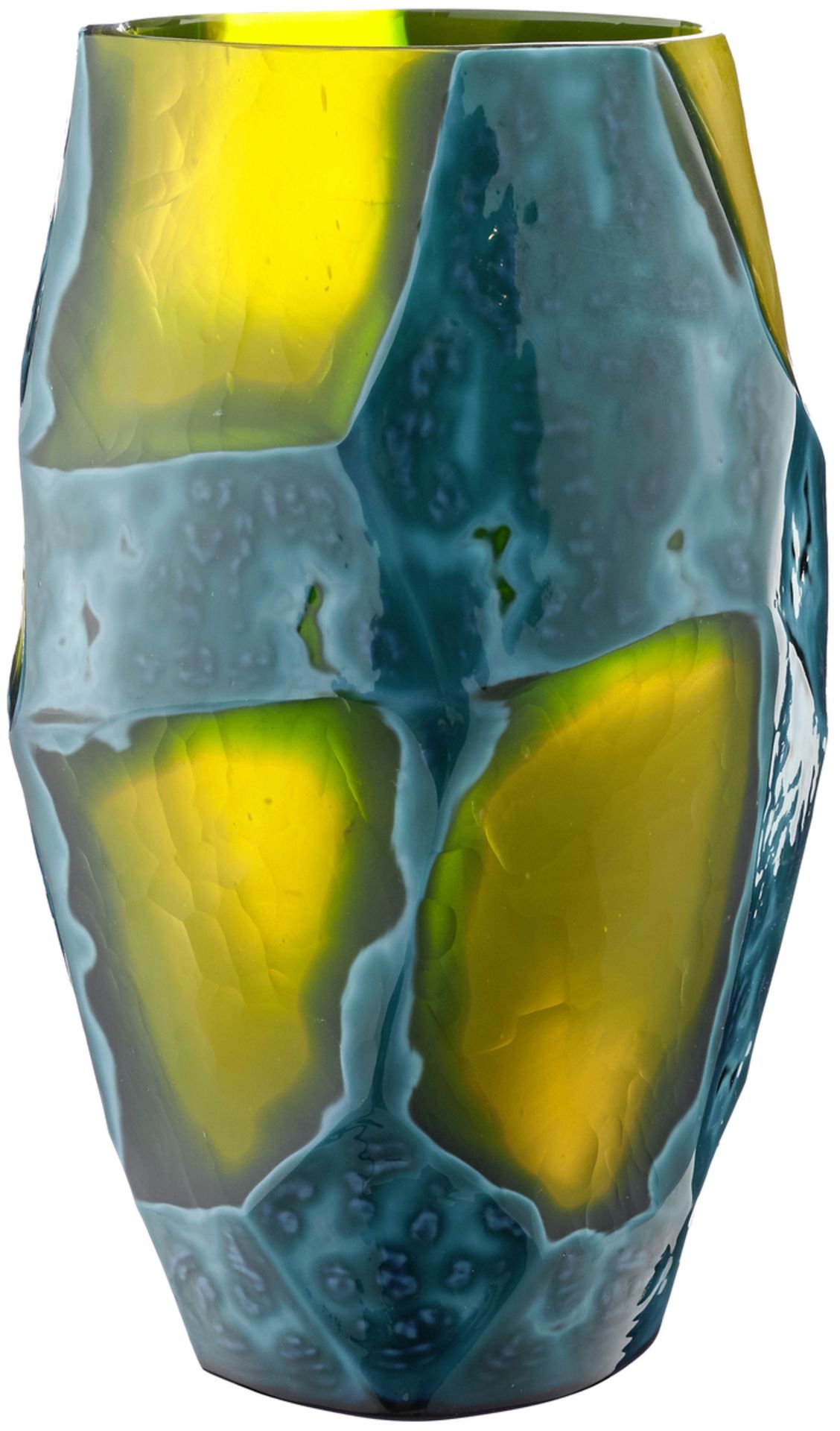 VaseEnde 20. Jh. Farbloses Glas mit gelbem und grünem Unterfang. Opaker, türkisfarben marmorierter