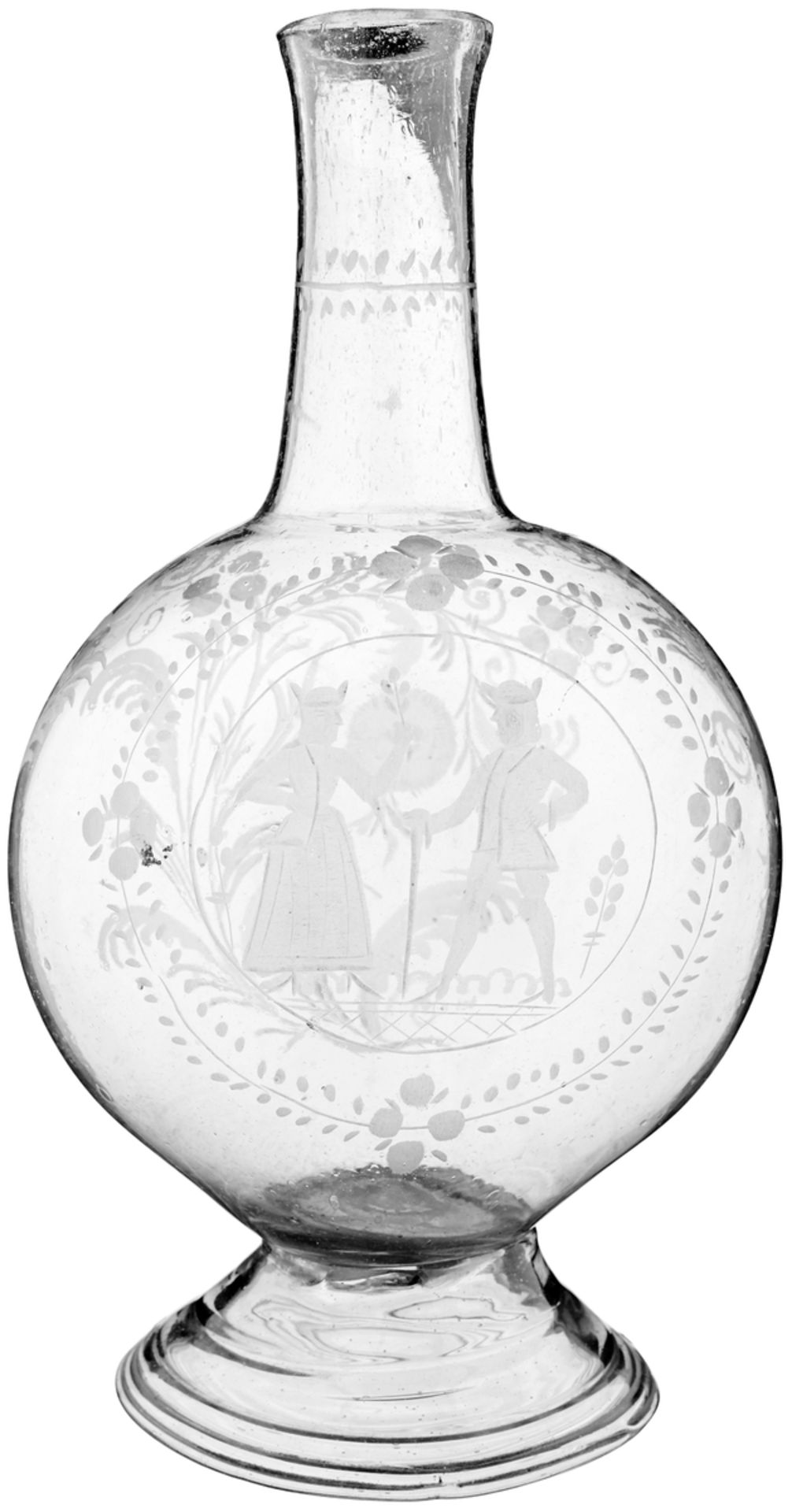 MassflascheWohl Flühli, um 1800. Farbloses, dünnwandig geblasenes Glas. Abgeplattete Kugelform.