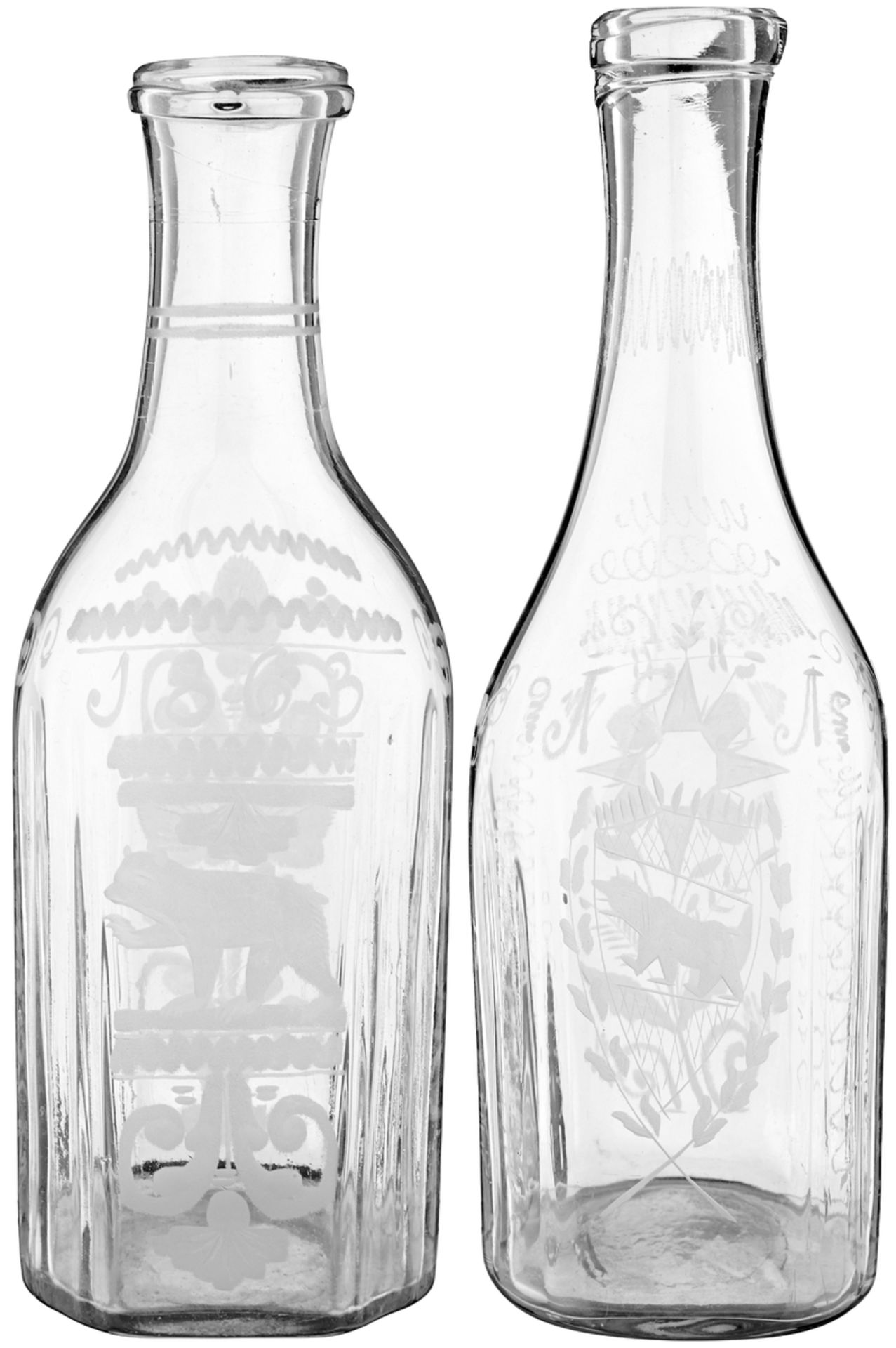 2 MassflaschenWohl Flühli, datiert 1851 und 1863. Farbloses, in die Form geblasenes Glas.