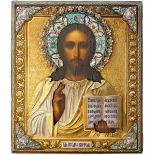 IkoneMoskau, 1908-17. Oklad mit Meistermarke "F. S."(kyrillisch). "Christus Pantokrator". Polychrome