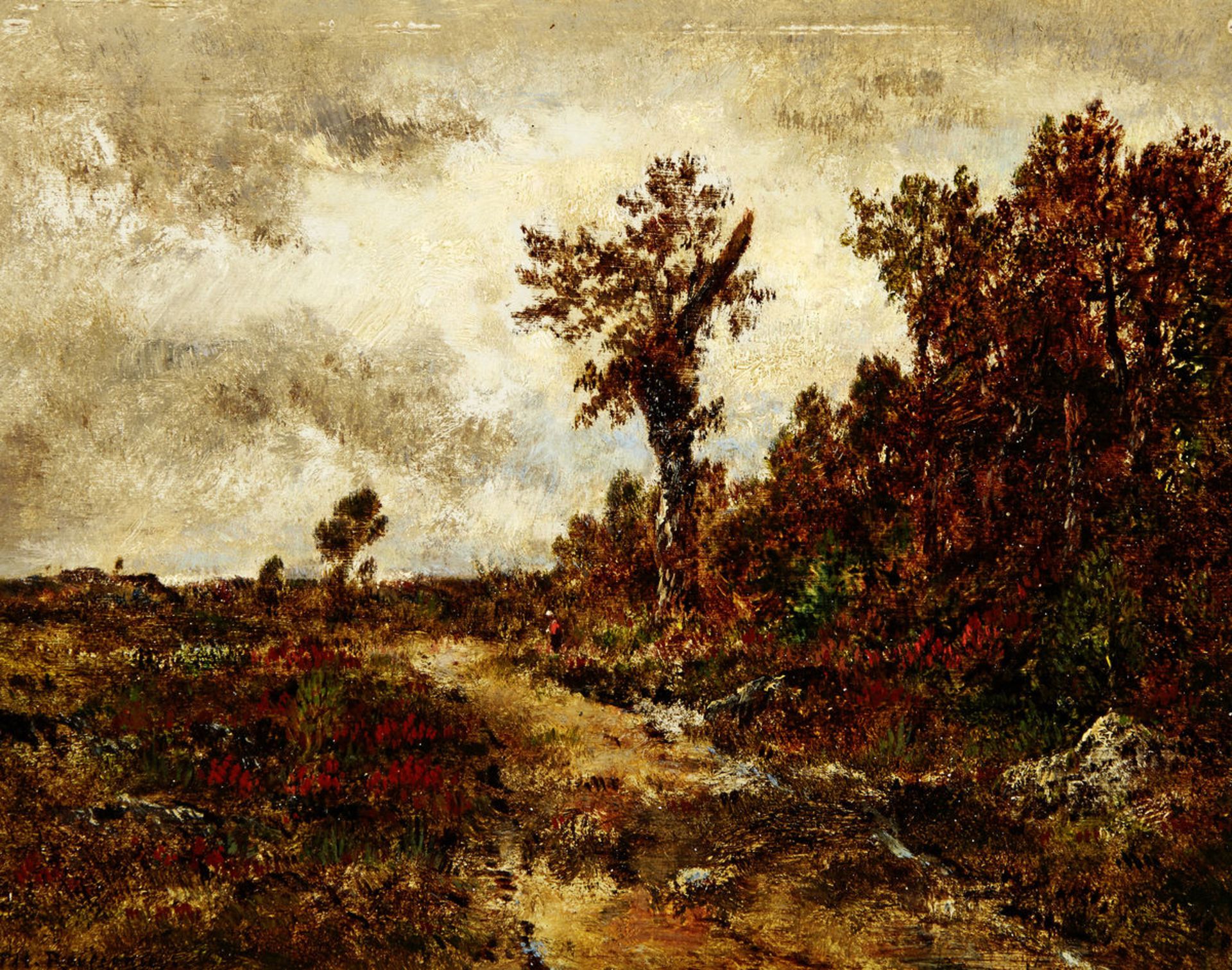 Rousseau Théodore1812 Paris - 1867 Barbizon"Paysage". Oelstudie auf Holzplatte. Unten links