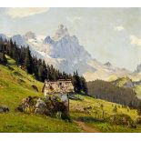 Filkuka Anton1888 - 1957 Wien"Kleine Wegkapelle mit Blick auf den Watzmann". Oel auf Leinwand. Unten