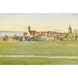 Brunnhofer Fritz1886 - 1966 Aarau"Aarau - Blick vom Schachen auf die Stadt". Mischtechnik auf