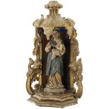 Maria mit Jesuskind18./19. Jh. Skulptur und Baldachin aus Holz geschnitzt, farbig gefasst und