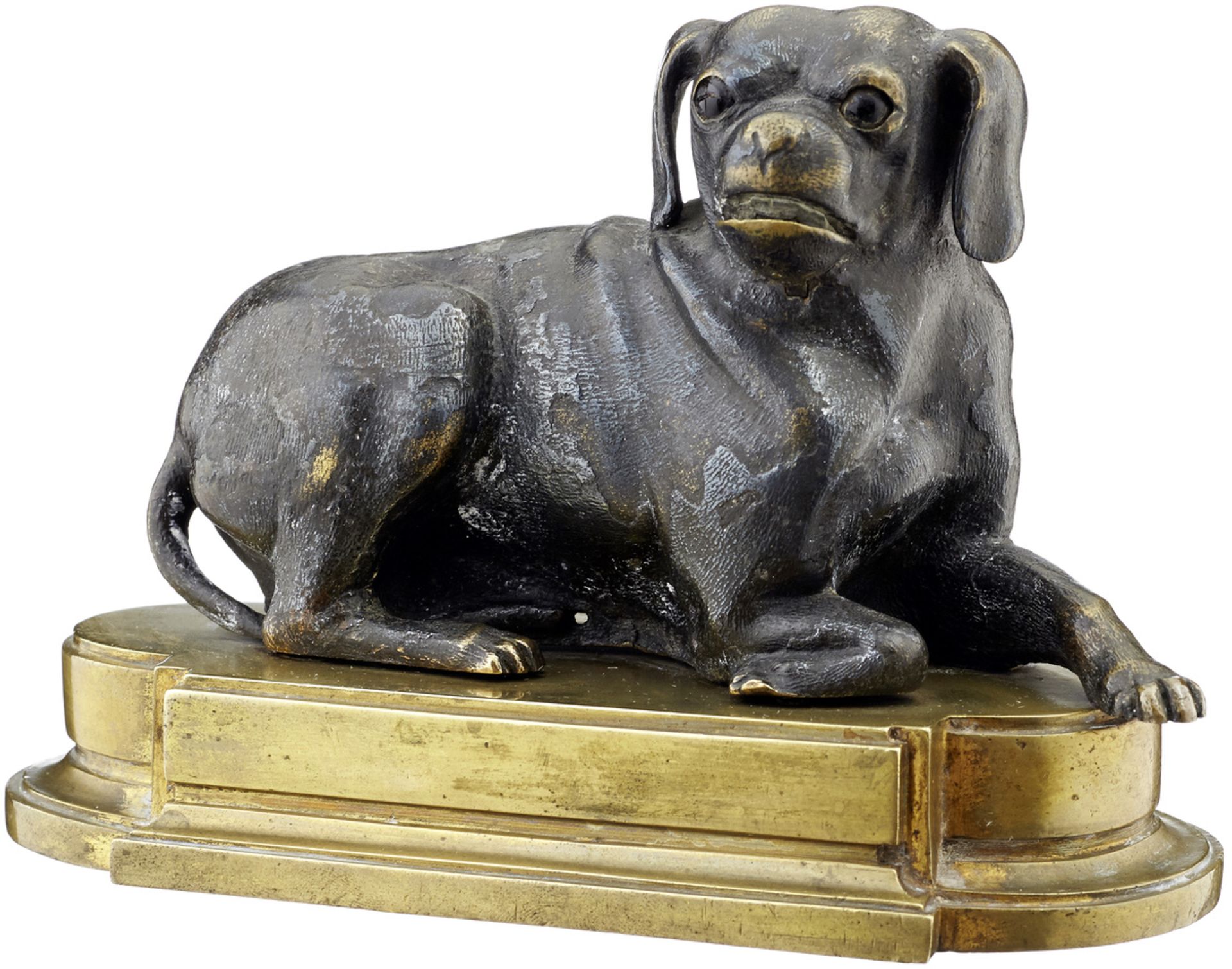 Zierfigur "Hund"Wohl Augsburg, um 1700. Bronze ziseliert mit Resten von Versilberung. Schwarze