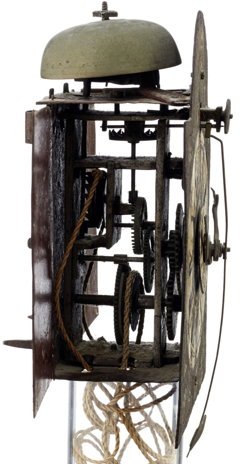 Kleine Eisenuhr18. Jh. Eisengehäuse und polychrom bemaltes Eisenzifferblatt mit Vorderpendel und - Bild 2 aus 4