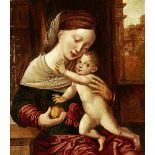 Holländische Schule um 1600"Madonna mit Kind". Oel auf Holztafel. Unsigniert. Holztafel mit alt