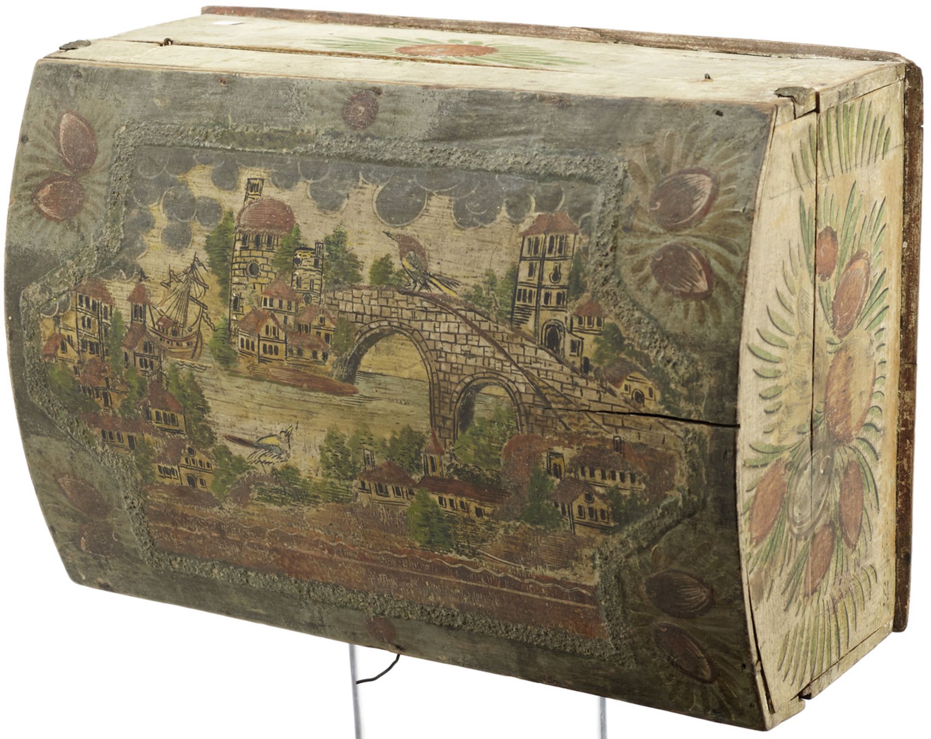 SchatulleUm 1800. Buchenholz. Gewölbter Deckel mit polychromer Landschaftsmalerei, die Wandung mit - Bild 3 aus 3