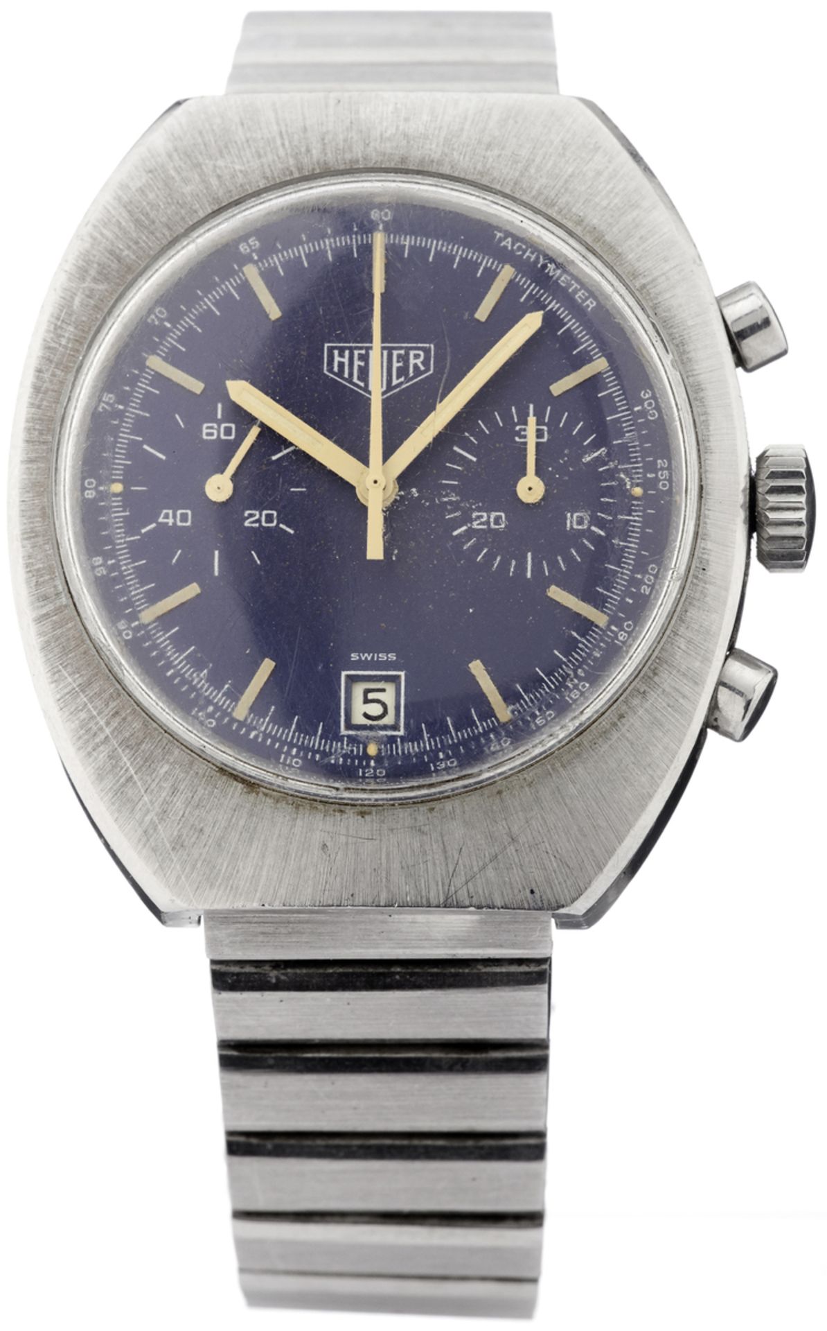 Chronograph "Heuer"70-er Jahre. Stahlgehäuse. Boden verschraubt. Stahlarmband mit Faltschliesse.