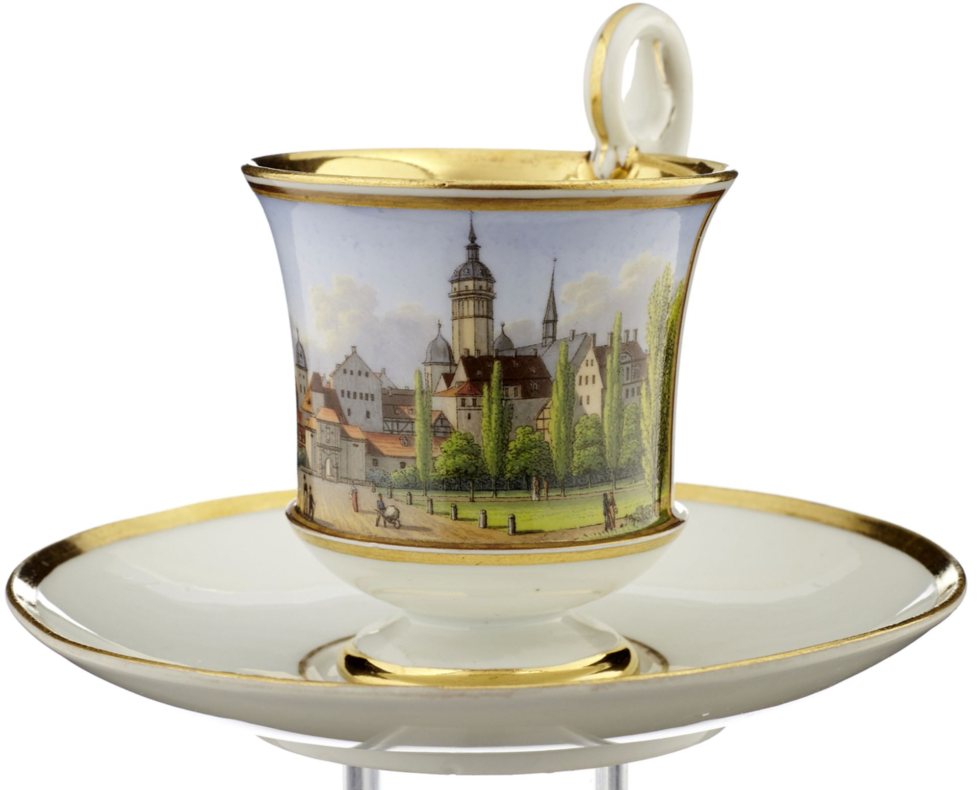 Ziertasse "Leipzig"Meissen um 1820. Porzellantasse und Untertasse. Auf der Wandung polychrome Vedute - Bild 2 aus 4