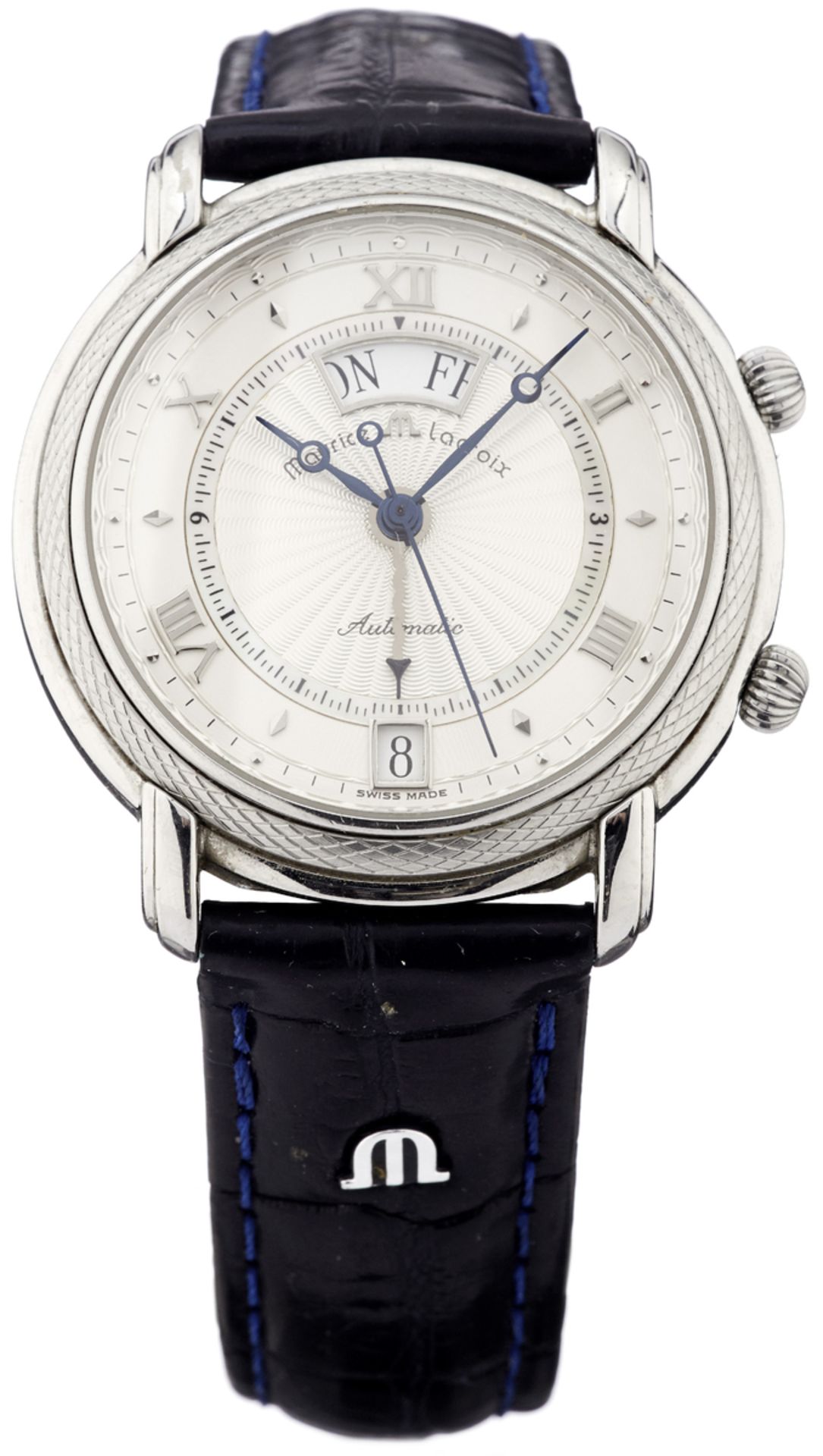 Armbanduhr "Maurice Lacroix"Stahlgehäuse mit Sichtboden. Silberfarbenes, guillochiertes