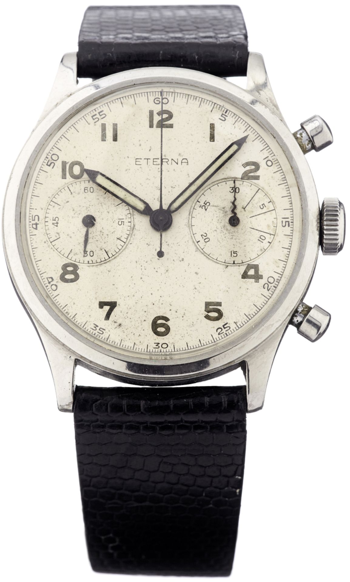 Chronograph "Eterna"50-er Jahre. Signiertes Stahlgehäuse. Boden verschraubt. Signiertes,