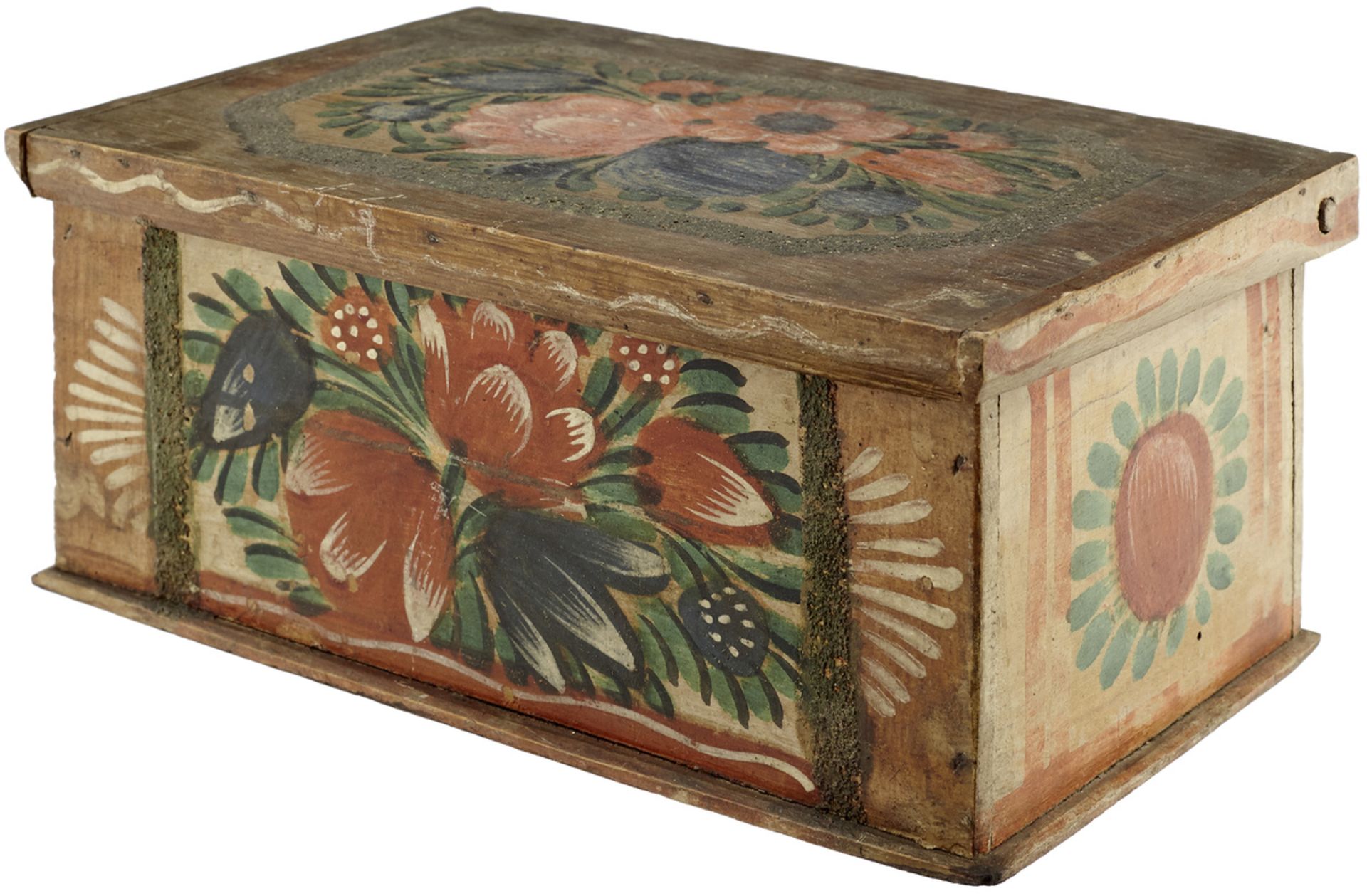2 SchatullenUm 1800. Buchenholz. Polychrome, stilisierte Floralmalerei und Sandbänder. Ein Deckel - Bild 3 aus 3