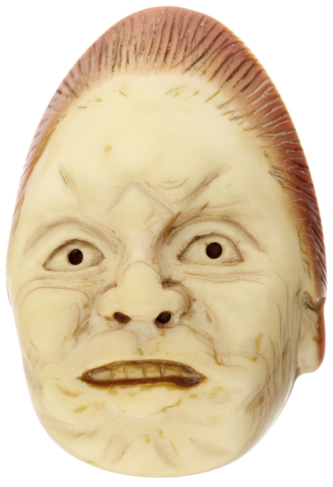 Zwei Masken-NetsukeJapan 19. Jh. Aus dem Schnabel eines Nashornvogels das Gesicht einer alten Frau - Bild 3 aus 4