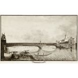 Schaffhausen"Die Rheinbrücke bei Schaffhausen". En grisaille kolorierte Umrissradierung. Bezeichnet.