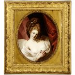 Anonym 19. Jh."Damenbildnis in Boudoir". Oel auf Leinwand. Gerahmt. Bildmasse 28 cm × 24 cm- - -20.