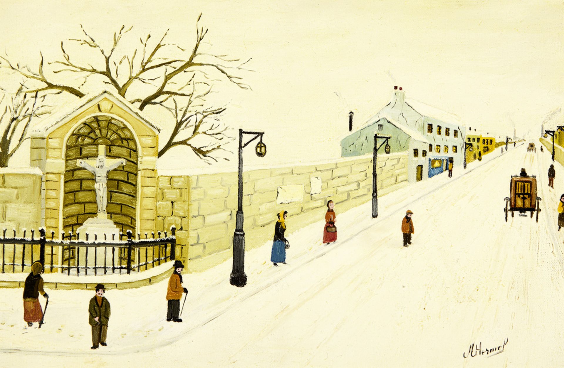 Hermel Michel1934"Scène de Rue en Hiver". Oel auf Leinwand. Unten rechts signiert. Gerahmt.