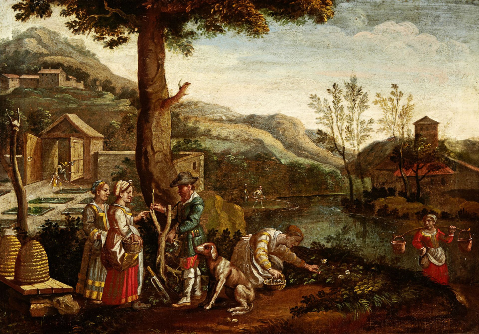 Anonym um 1700"Ideale Landschaft - Allegorie auf den Fleiss". Oel auf Leinwand. Reparaturstelle