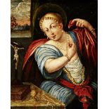 Andachtsbild18. Jh. "Maria Magdalena legt ihren Schmuck ab". Oelmalerei auf Kupfertafel.